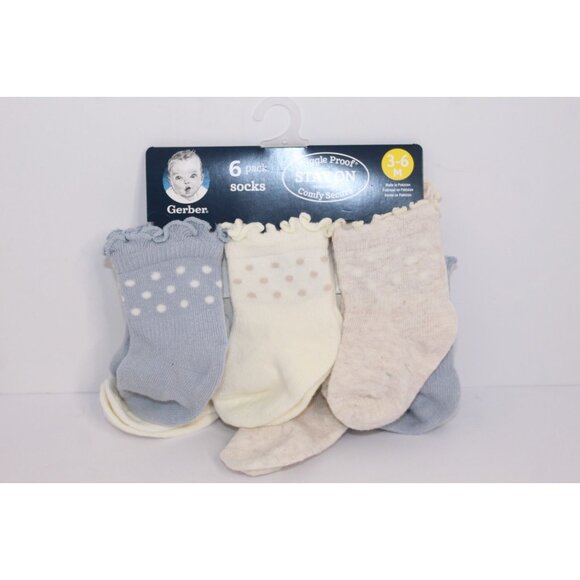Gerber Wiggle Proof Stay On Infant Bootie Socks 0-3 Months Beige Blue 6 Pack - Picture 3 of 8